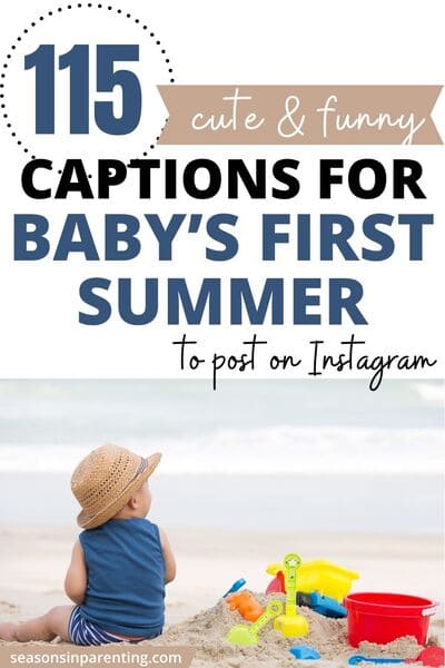 baby's first summer quotes: baby boy in blue swimsuit and sun hat sitting on the beach with toys