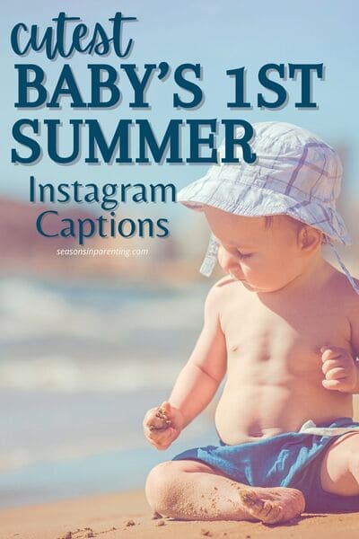 baby's first summer quotes: boy in blue swim shorts and sun hat sitting on the beach
