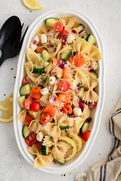 dish of bowtie pasta salad