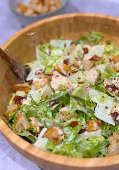 bowl of chicken and bacon Caesar salad