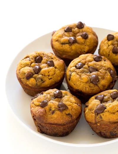 plate of pumpkin chocolate chip muffins