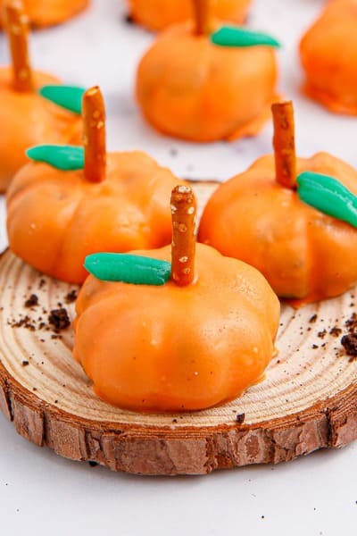 tray of pumpkin Oreo balls
