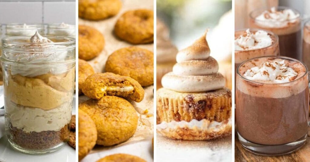 main image of fall baby shower food ideas: pumpkin pie in a jar, pumpkin cheesecake cookies, cinnamon cupcakes, and pumpkin spice hot chocolate