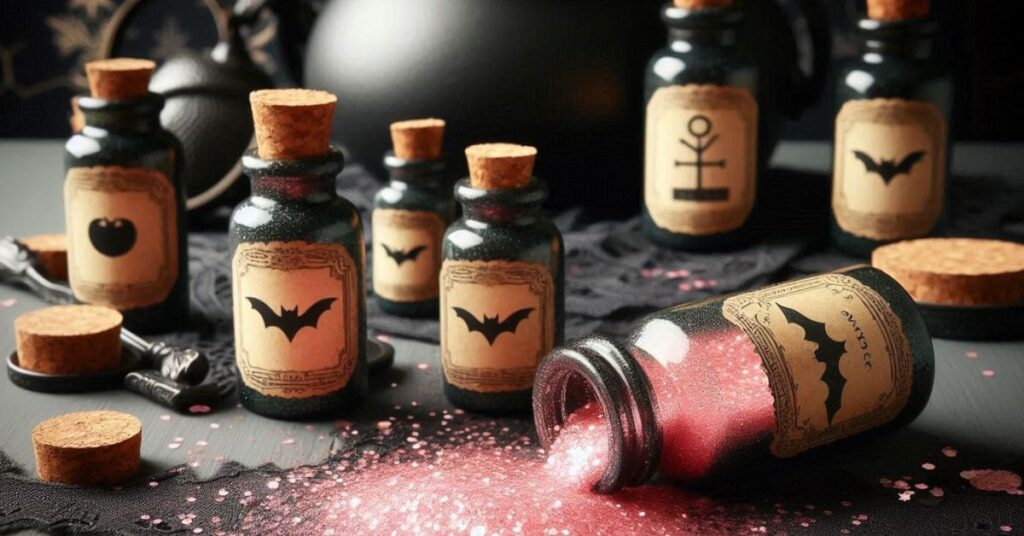 main image of Halloween gender reveal ideas: potion bottles with pink glitter spilling out