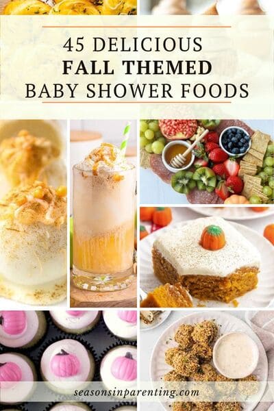 fall baby shower food ideas: collage of fall baby shower foods