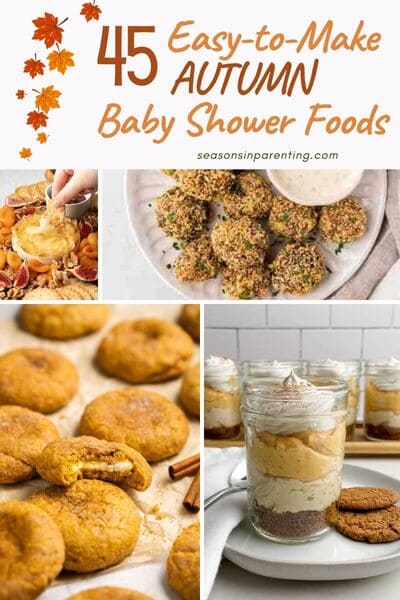 fall baby shower food ideas: collage of fall baby shower foods