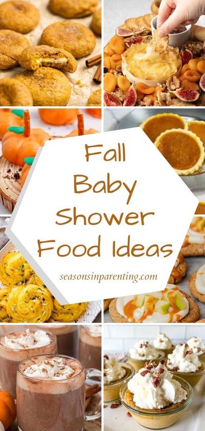 fall baby shower food ideas: collage of fall baby shower foods