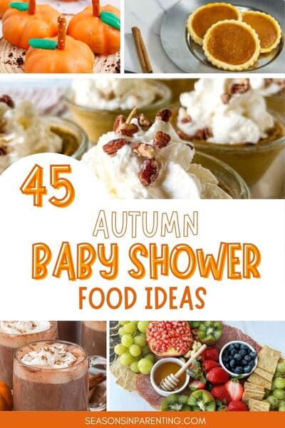 fall baby shower food ideas: collage of fall baby shower foods