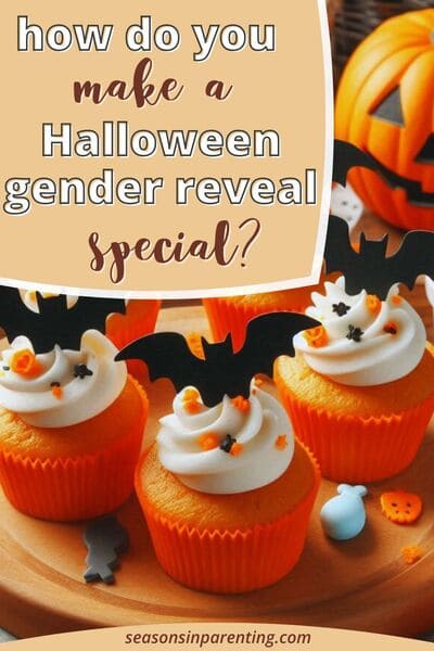 Halloween gender reveal ideas: Halloween cupcakes with bat toppers