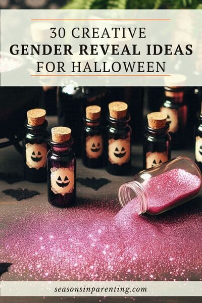 Halloween gender reveal ideas: potion bottles with pink glitter spilling out