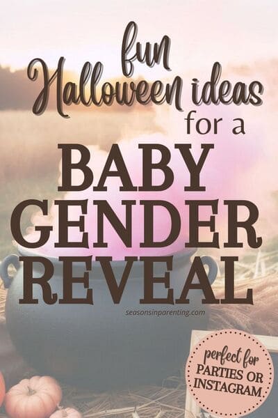 Halloween gender reveal ideas: cauldron in a field with pink smoke