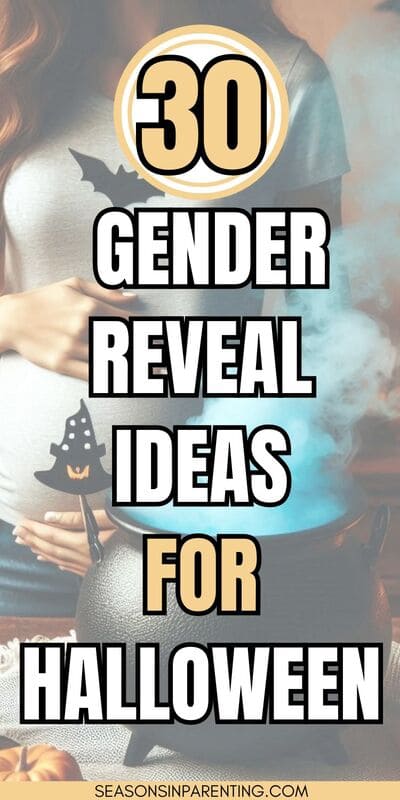 Halloween gender reveal ideas: pregnant woman standing behind a cauldron with blue smoke
