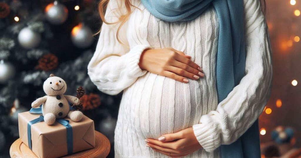 main image of winter gender reveal ideas: pregnant woman in white sweater with blue scarf