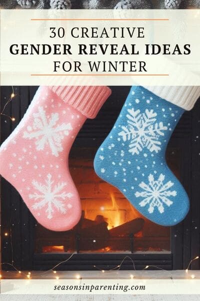 winter gender reveal ideas: pink and blue stockings hanging from a fireplace