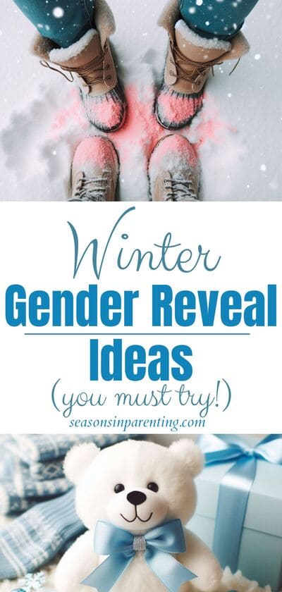 winter gender reveal ideas: two sets of winter boots in the snow with dusted with pink powder and white teddy bear with blue bow