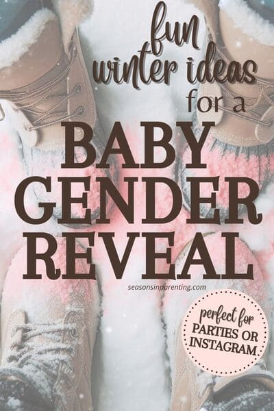 winter gender reveal ideas: two sets of winter boots in the snow with dusted with pink powder