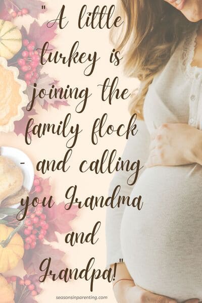 Thanksgiving baby announcement quotes: pregnant woman with Thanksgiving meal with quote