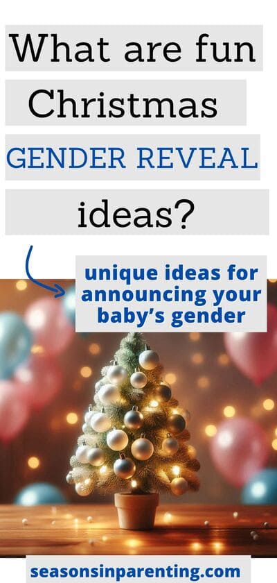 Christmas gender reveal ideas: miniature Christmas tree with pink and blue balloons in the background