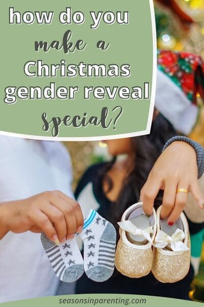 Christmas gender reveal ideas: mom and dad holding up baby shoes standing in front of a Christmas tree
