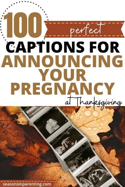 Thanksgiving baby announcement quotes: sonogram pictures laying on a pile of fall leaves