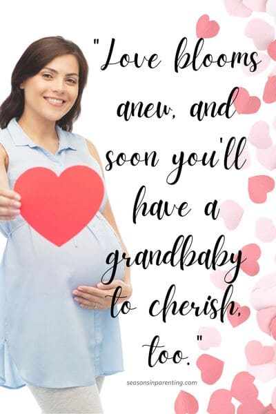 Valentine's baby announcement quotes: pregnant woman holding a cut out heart with quote