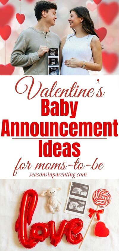 Valentine's baby announcement ideas: man and woman holding ultrasound photos and love balloon with ultrasound picture and stuffed animal