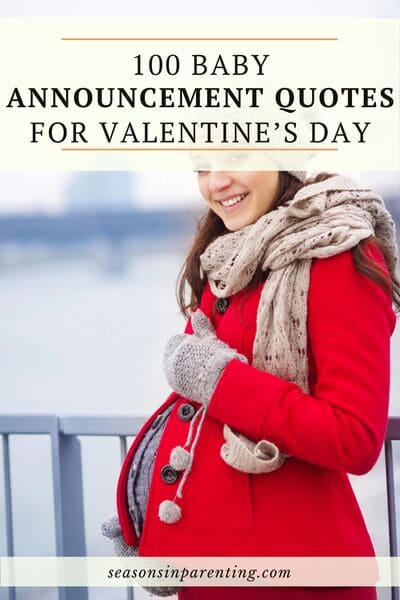 Valentine's baby announcement quotes: pregnant woman in red coat