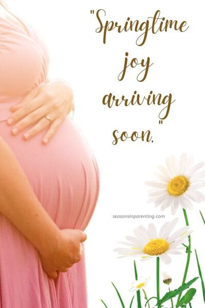 spring baby announcement quotes: pregnant woman with daisies and quote