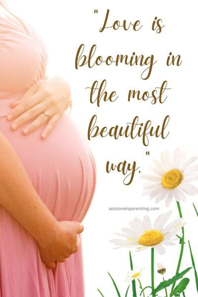 spring baby announcement quotes: pregnant woman with daisies and quote