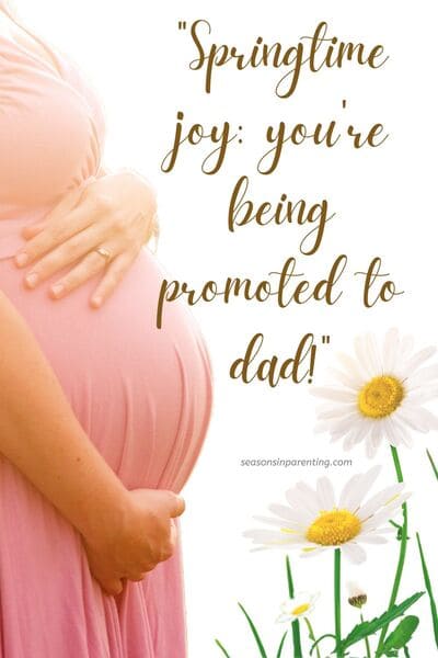 spring baby announcement quotes: pregnant woman with daisies and quote
