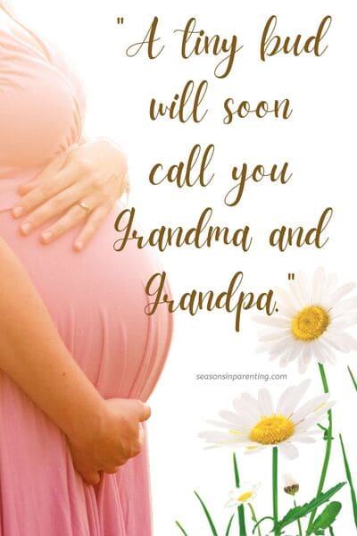 spring baby announcement quotes: pregnant woman with daisies and quote