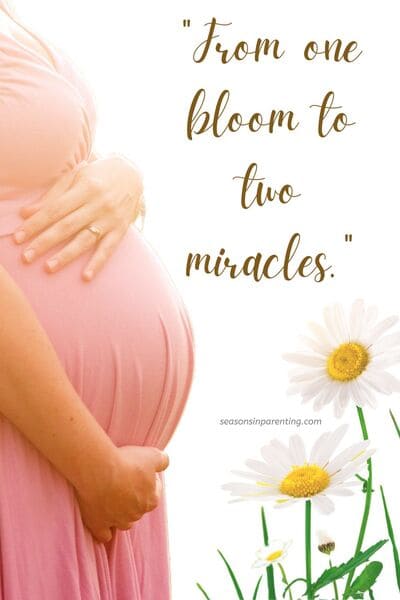 spring baby announcement quotes: pregnant woman with daisies and quote