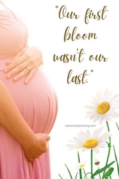 spring baby announcement quotes: pregnant woman with daisies and quote