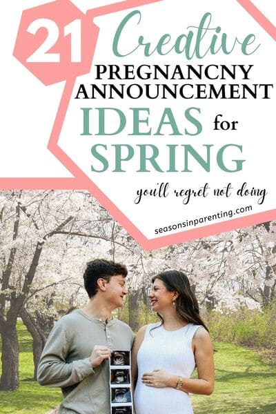 spring baby announcement ideas: couple holding ultrasound photos