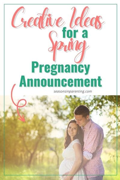 spring baby announcement ideas: pregnant couple standing outside