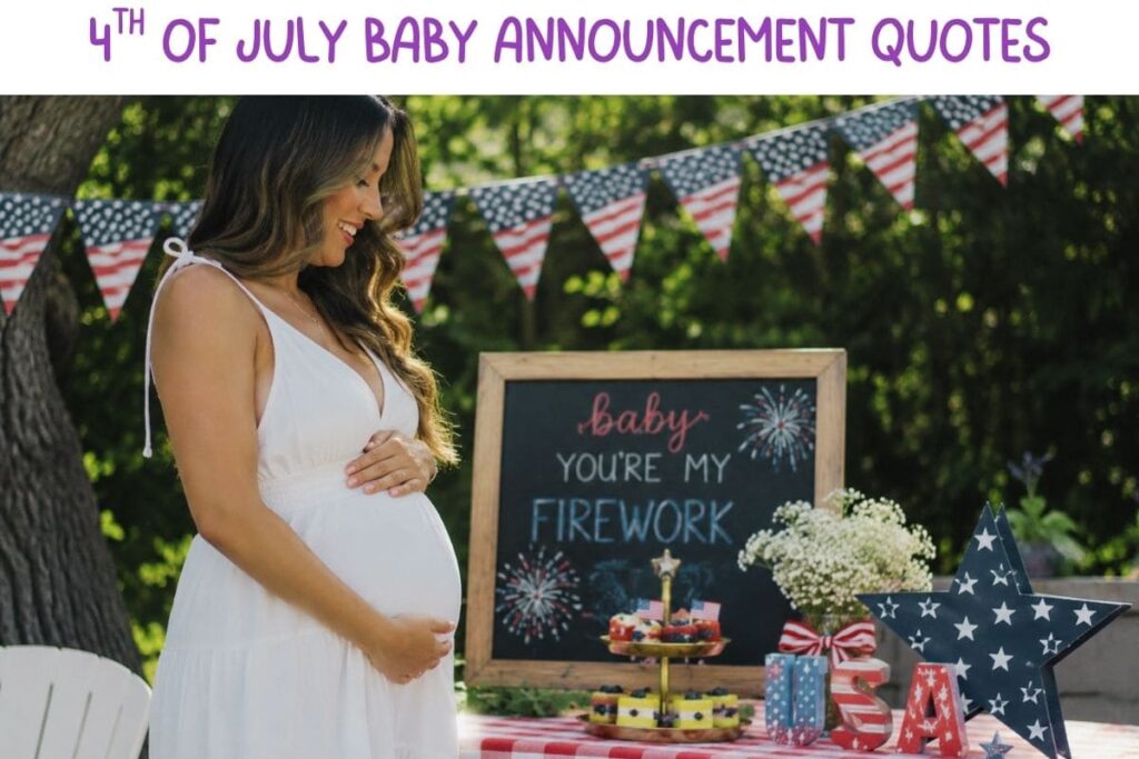 main image of 4th of July baby announcement quotes: pregnant woman at 4th of July picnic with announcement sign