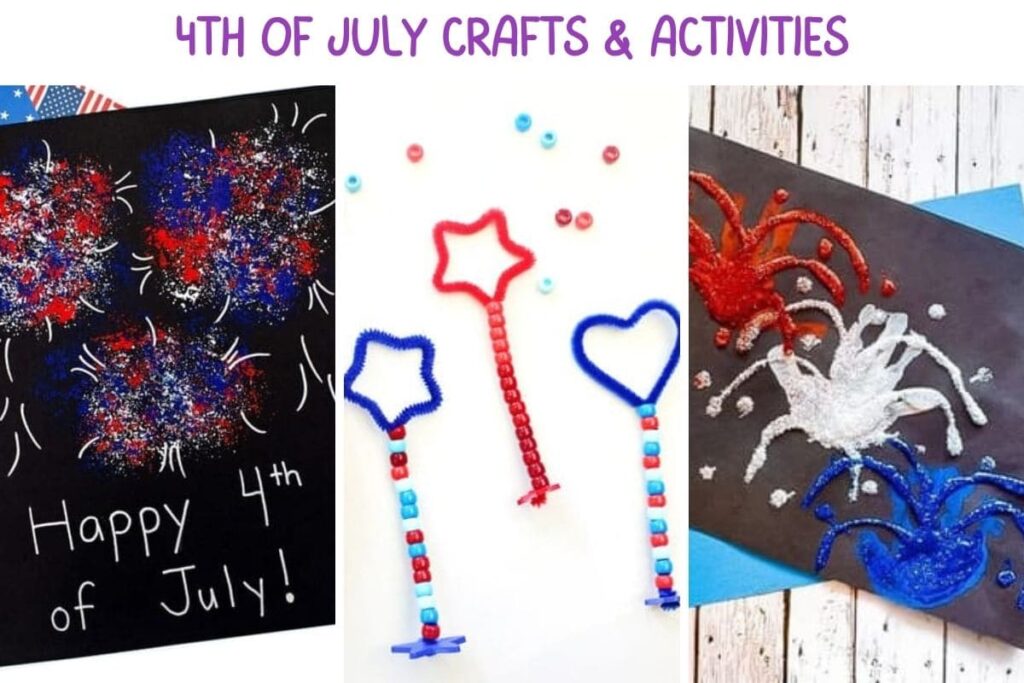 main image of 4th of July crafts for toddlers: broccoli fireworks, bubble wands, and handprint fireworks