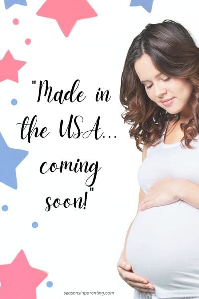4th of July baby announcement quotes: pregnant woman with red and blue stars and quote