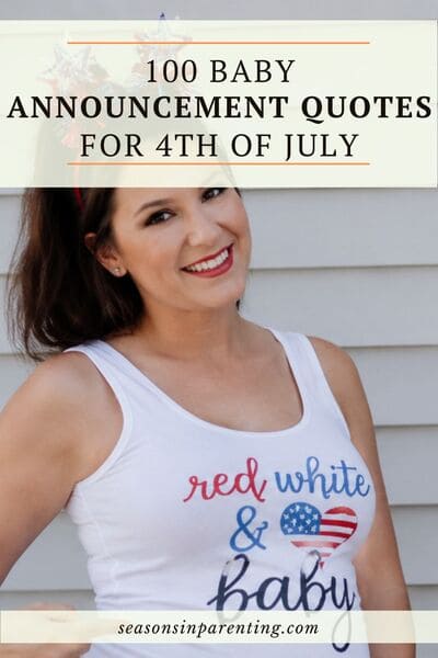4th of July baby announcement quotes: pregnant woman with patriotic announcement shirt