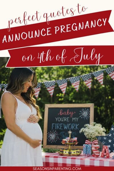 4th of July baby announcement quotes: pregnant woman at 4th of July picnic with announcement sign