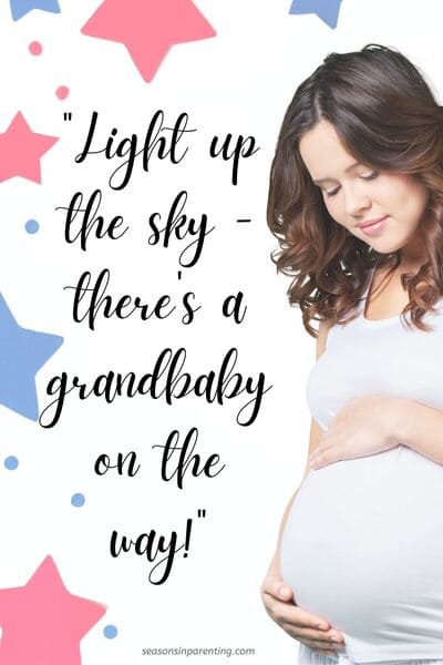 4th of July baby announcement quotes: pregnant woman with red and blue stars and quote