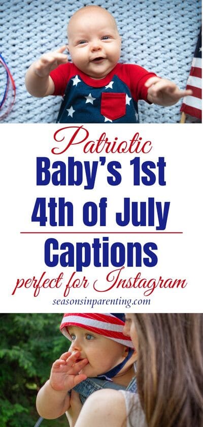baby first 4th of July quotes: baby in red, white, and blue outfit and mom holding baby wearing a red, white, and blue hat